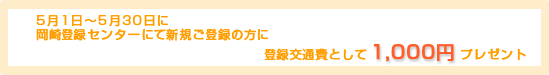 5��1���`5��30���ɉ���o�^�Z���^�[�ɂĐV�K���o�^�̕��ɓo�^��ʔ�Ƃ���1,000�~�v���[���g