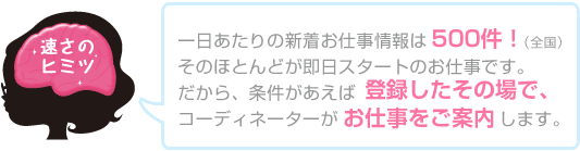 1日あたりの新着お仕事情報は500件!(全国)そのほとんどが即日スタートのお仕事です。だから、条件があえば、登録したその場で、コーディネーターがお仕事をご案内します。